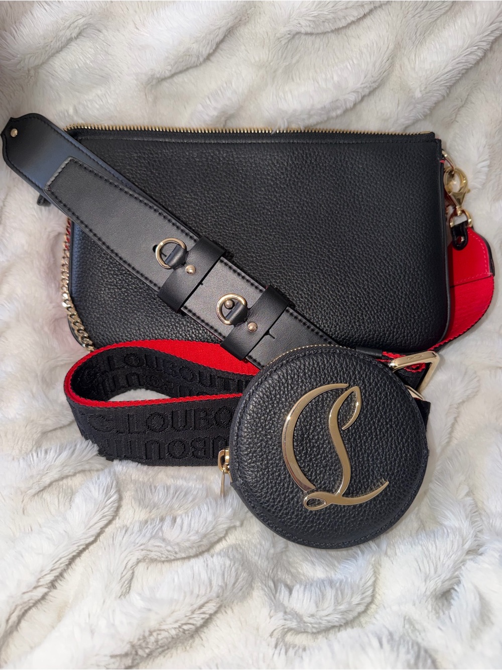 Christian Louboutin Black Leather Crossbody with Red-Trim Strap and Coin Pouch